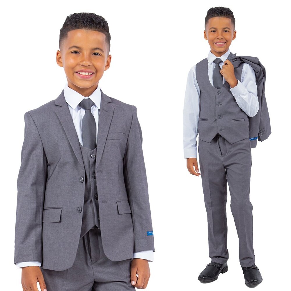 5-Piece Perry Ellis Portfolio Boys Slim Fit Solid Suit, Mid Grey